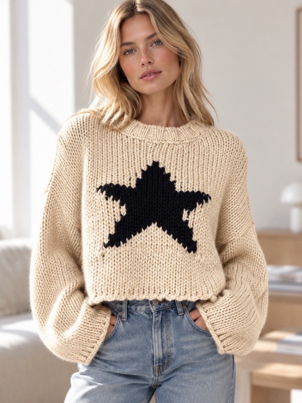 Edikted Mega Star Chunky Knit Cropped Sweater Cream Black XS/S